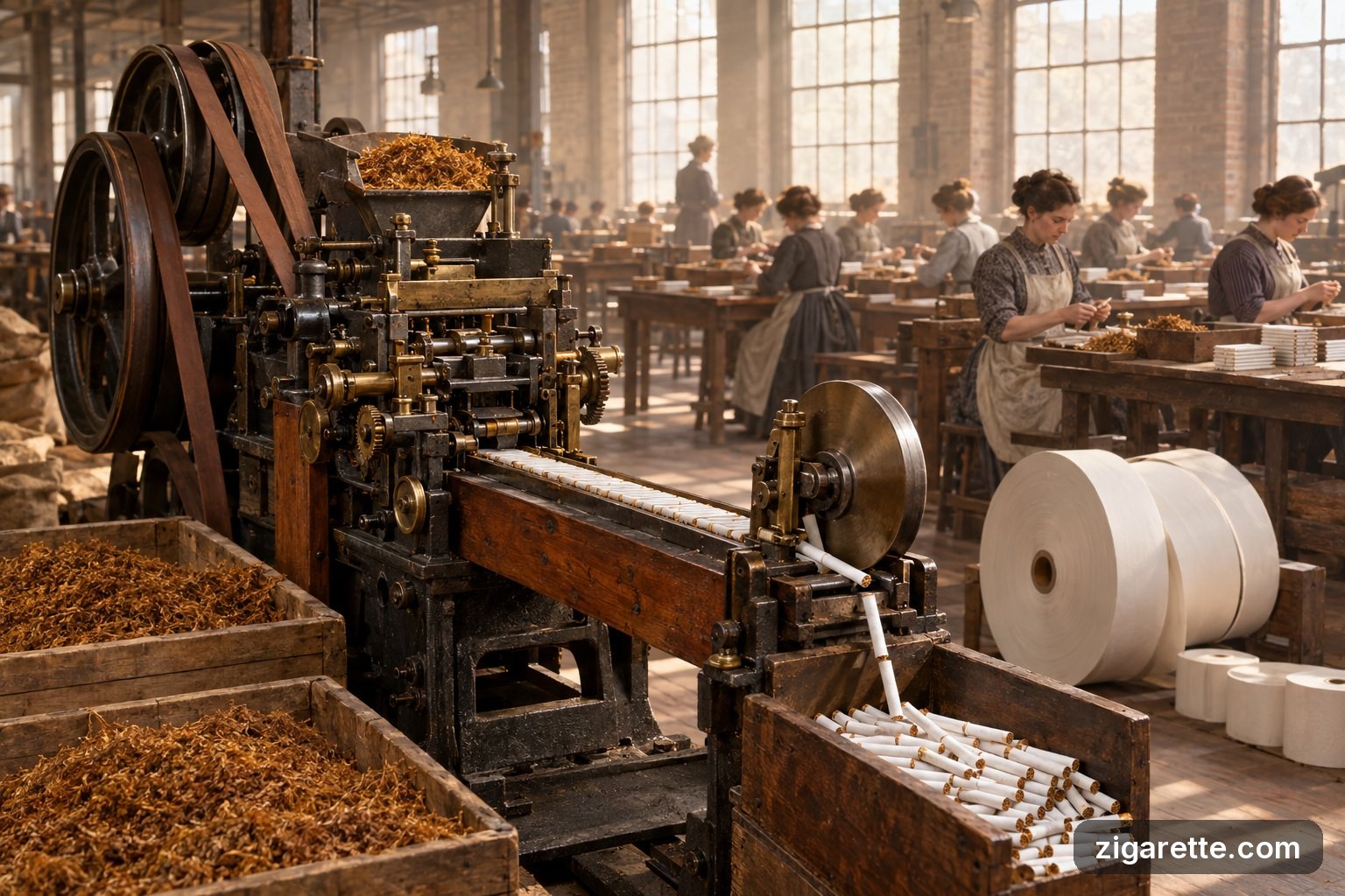 Bonsack-Maschine im Fabriksaal um 1885 – Eine frühe Zigaretten-Strangmaschine aus Gusseisen, Holz und Messing in einer Tabakfabrik der 1880er-Jahre