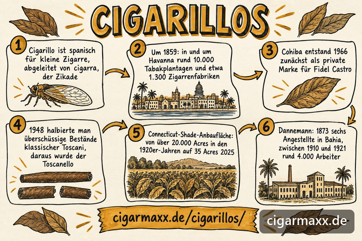 Sketchnote zu Cigarillos: spanische Wortherkunft von cigarra, der Zikade, rund 10.000 Tabakplantagen und 1.300 Zigarrenfabriken um Havanna im Jahr 1859, Cohiba 1966 als private Marke für Fidel Castro, der Toscanello als 1948 halbierter Toscano, Connecticut-Anbaufläche von über 20.000 auf 35 Acres, Dannemann in Bahia mit sechs Angestellten 1873 und rund 4.000 Arbeitern zwischen 1910 und 1921