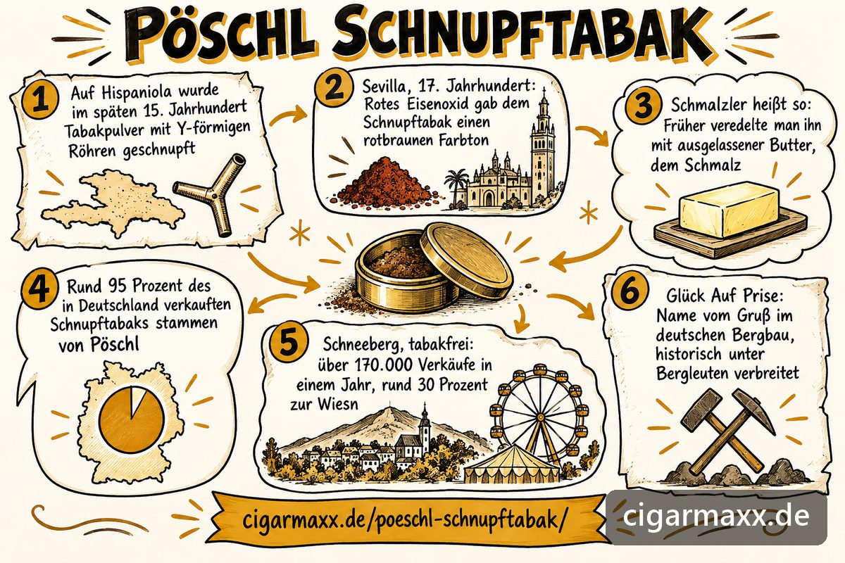 Sketchnote zu Pöschl Schnupftabak: Tabakpulver mit Y-förmigen Röhren auf Hispaniola im späten 15. Jahrhundert, rotes Eisenoxid als Farbgeber im Sevilla des 17. Jahrhunderts, der Name Schmalzler von ausgelassener Butter, rund 95 Prozent des in Deutschland verkauften Schnupftabaks von Pöschl, der tabakfreie Schneeberg mit über 170.000 Verkäufen in einem Jahr und die Glück Auf Prise mit dem Gruß der Bergleute im Namen
