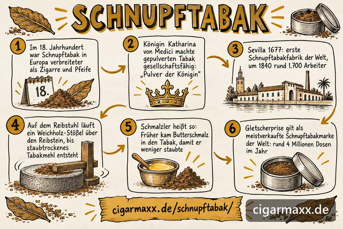 Sketchnote zu Schnupftabak: im 18. Jahrhundert in Europa verbreiteter als Zigarre und Pfeife, Königin Katharina von Medici und das Pulver der Königin, die erste Schnupftabakfabrik der Welt 1677 in Sevilla mit rund 1.700 Arbeitern um 1840, der Reibstuhl mit Weichholz-Stößel für staubtrockenes Tabakmehl, Butterschmalz als Namensgeber des Schmalzlers und die Gletscherprise, die als meistverkaufte Schnupftabakmarke der Welt gilt, mit rund 4 Millionen Dosen im Jahr
