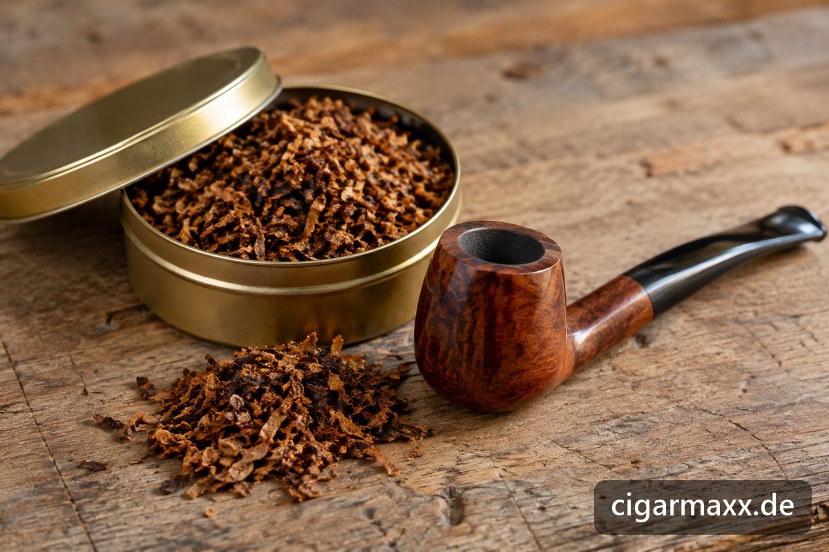 Geöffnete runde Metalldose mit goldbraunem Pfeifentabak, davor ein Häufchen losen Tabaks, daneben eine Bruyère-Tabakpfeife mit gemasertem Holzkopf auf heller Holzplatte