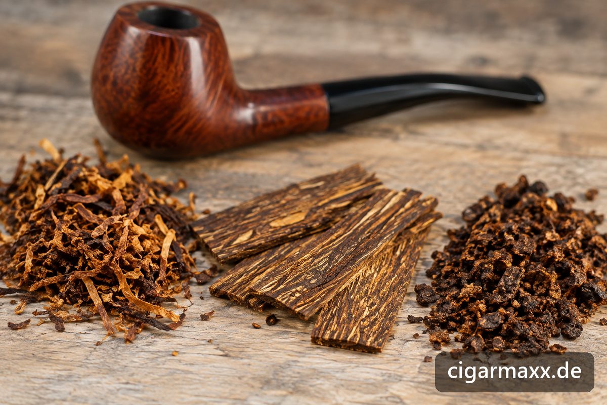 Ein Häufchen lose geschnittener Pfeifentabak, dünne gepresste Flake-Scheiben und ein Häufchen geriebener Tabak auf heller Holzplatte, im Hintergrund eine Tabakpfeife