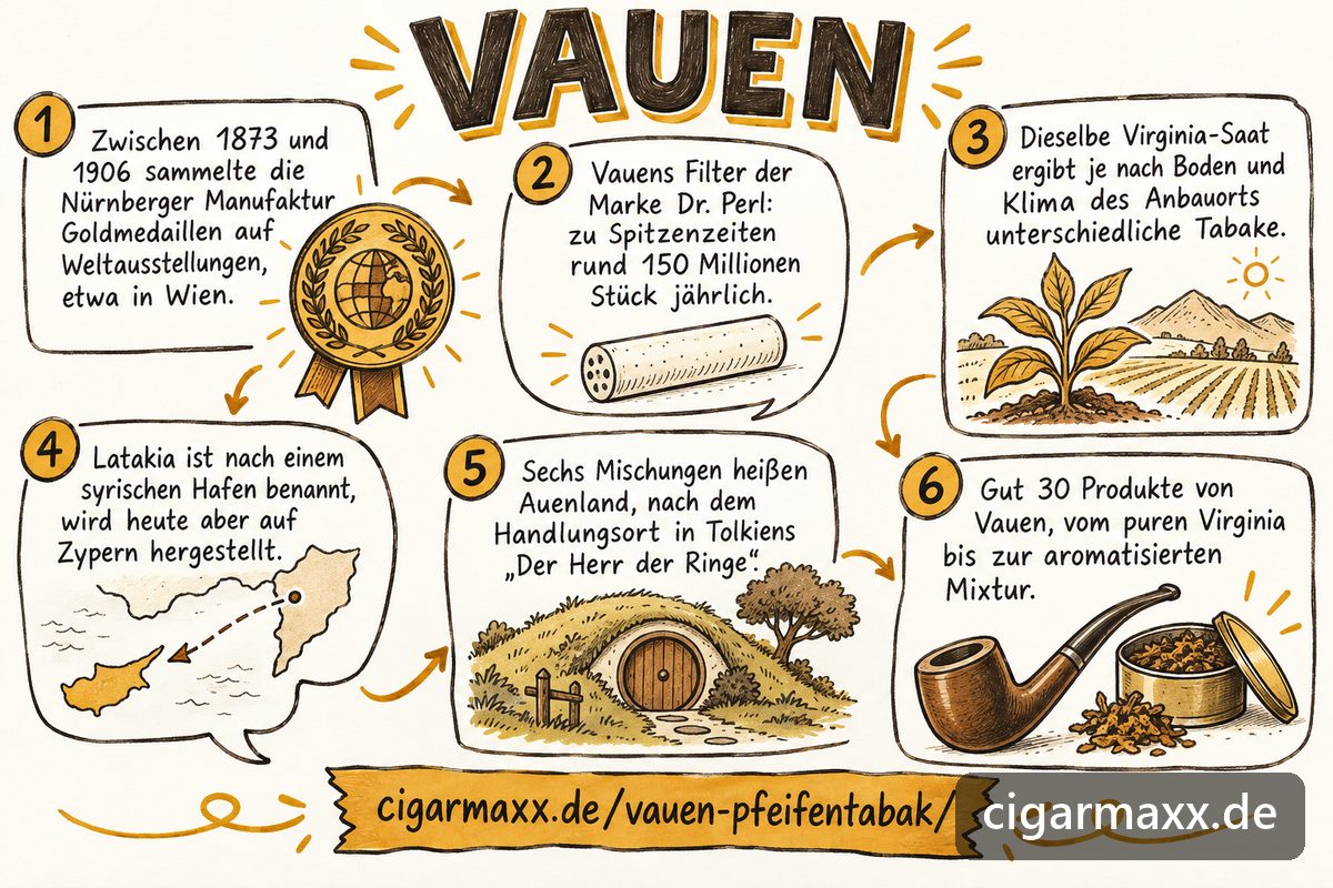 Sketchnote zu Vauen Pfeifentabak: Die Nürnberger Manufaktur sammelte zwischen 1873 und 1906 Goldmedaillen auf Weltausstellungen, etwa in Wien, der Filter der Marke Dr. Perl verkaufte sich zu Spitzenzeiten rund 150 Millionen Stück jährlich, dieselbe Virginia-Saat ergibt je nach Boden und Klima des Anbauorts unterschiedliche Tabake, Latakia ist nach einem syrischen Hafen benannt und wird heute auf Zypern hergestellt, sechs Mischungen heißen Auenland nach dem Handlungsort in Tolkiens „Der Herr der Ringe“ und es gibt gut 30 Produkte vom puren Virginia bis zur aromatisierten Mixtur